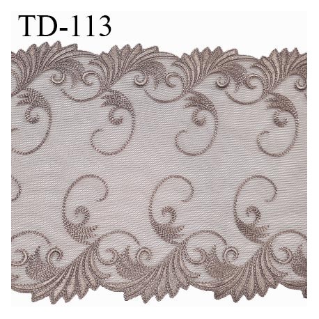 Dentelle 24 cm brodée sur tulle extensible couleur marron haut de gamme douce agréable au toucher largeur 24 cm prix pour 10 cm