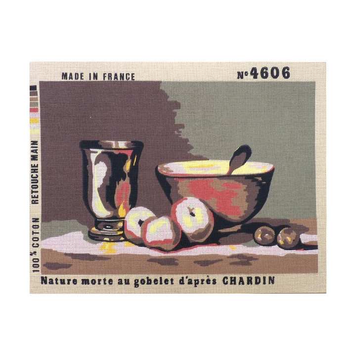 Canevas à broder 40 x 60 cm thème nature morte au gobelet d'après Chardin retouché à la main
