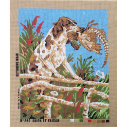 Canevas à broder 50 x 60 cm thème chien de chasse et faisan retouché à la main