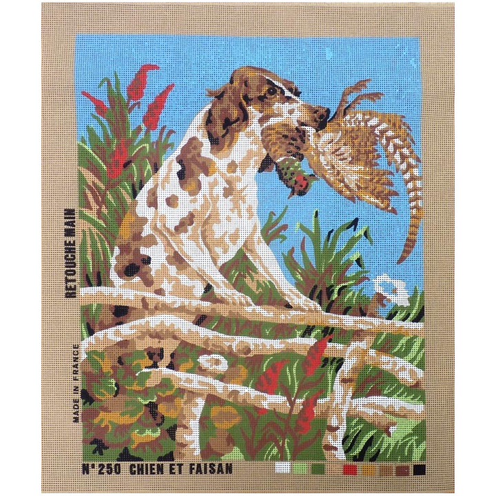 Canevas à broder 50 x 60 cm thème chien de chasse et faisan retouché à la main