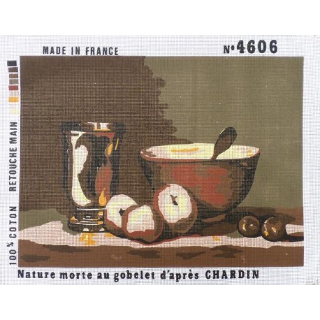 Canevas à broder 40 x 60 cm thème nature morte au gobelet d'après Chardin retouché à la main