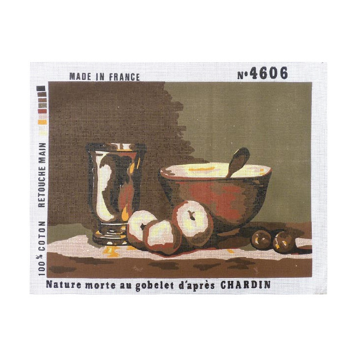 Canevas à broder 40 x 60 cm thème nature morte au gobelet d'après Chardin retouché à la main
