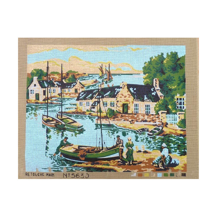 Canevas à broder 50 x 60 cm thème port de pêche retouché main