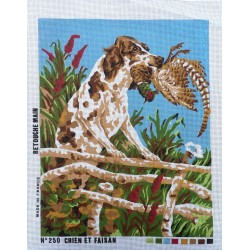Canevas à broder 50 x 60 cm thème chien de chasse et faisan retouché à la main