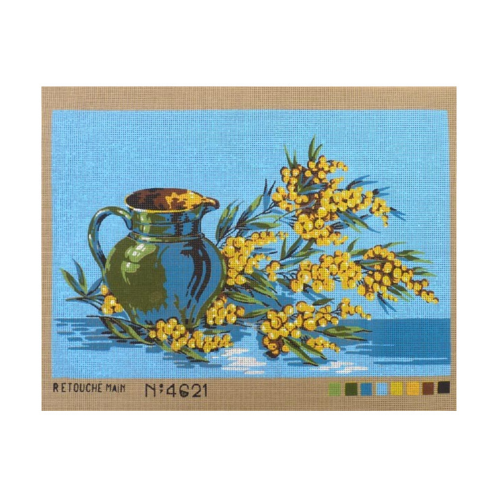 Canevas à broder 40 x 60 cm thème FLEURS LE BOUQUET DE MIMOSAS retouché à la main