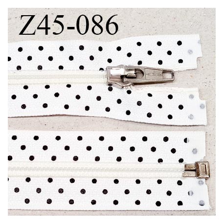 Fermeture 45 cm zip à glissière séparable couleur blanc à pois noirs longueur 45 cm largeur 3.2 cm prix à l'unité