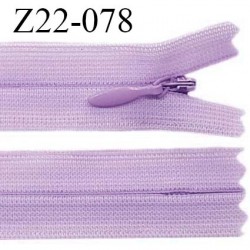 Fermeture zip 22 cm non séparable couleur violet parme avec glissière nylon invisible largeur 2.5 cm prix à l'unité