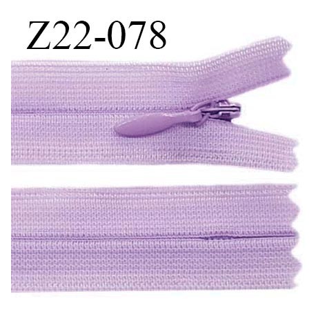 Fermeture zip 22 cm non séparable couleur violet parme avec glissière nylon invisible largeur 2.5 cm prix à l'unité