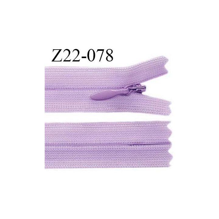 Fermeture zip 22 cm non séparable couleur violet parme avec glissière nylon invisible largeur 2.5 cm prix à l'unité