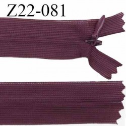 Fermeture zip 22 cm non séparable couleur bordeaux avec glissière nylon invisible largeur 2.5 cm prix à l'unité