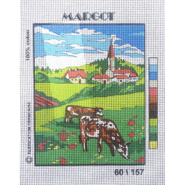 Canevas à broder 20 x 25 cm  marque MARGOT thème LE VILLAGE A LA CAMPAGNE
