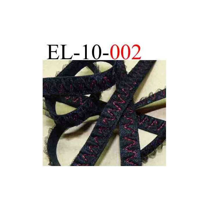 élastique plat avec de la dentelle froncé couleur rouge et noir largeur 10 mm vendu au mètre