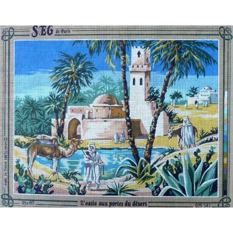 Canevas à broder 45 x 60 cm marque SEG de Paris thème PAYSAGE AFRIQUE l'oasis aux portes du désert