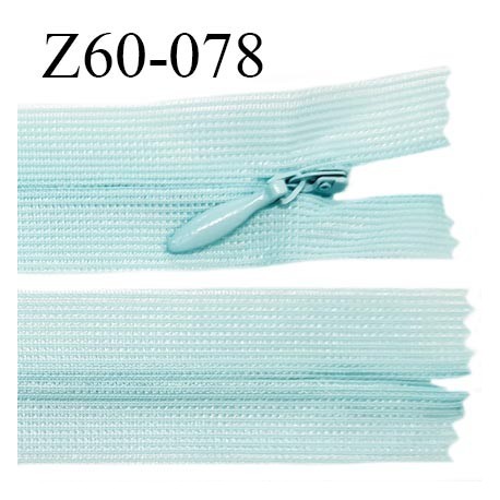 Fermeture zip 60 cm couleur bleu cyan clair non séparable avec glissière nylon largeur 2.5 cm prix à l'unité