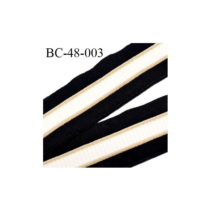 Bord-Côte 48 mm bord cote jersey maille synthétique couleur noir blanc et doré largeur 4.8 cm longueur 100 cm prix à la pièce