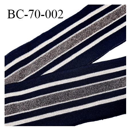 Bord-Côte 70 mm bord cote jersey maille synthétique couleur bleu marine avec rayures gris et beige brillantes prix à la pièce