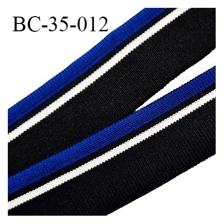 Bord-Côte 35 mm bord cote jersey maille synthétique couleur noir blanc et bleu largeur 3.5 cm longueur 100 cm prix à la pièce