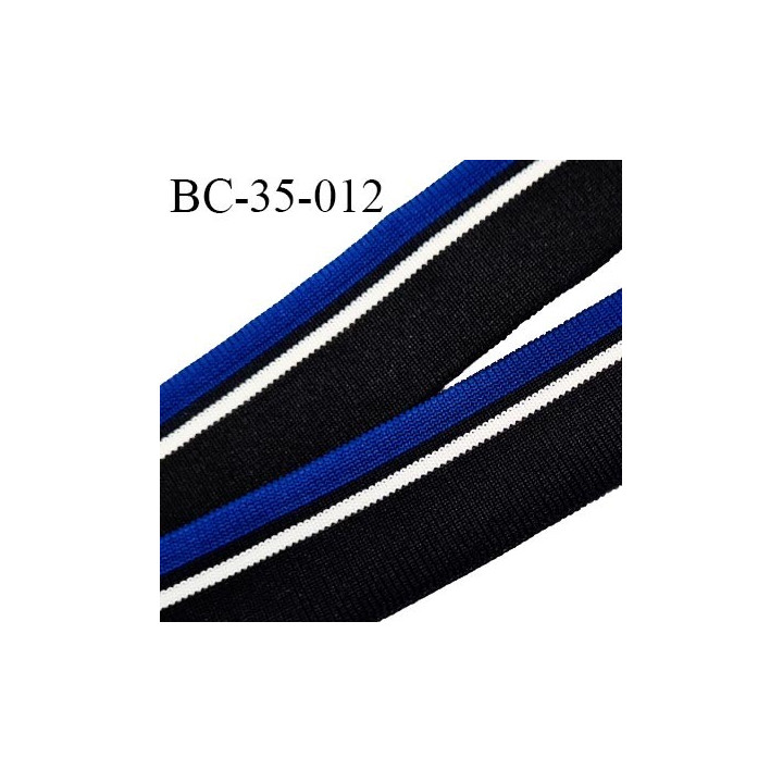 Bord-Côte 35 mm bord cote jersey maille synthétique couleur noir blanc et bleu largeur 3.5 cm longueur 100 cm prix à la pièce