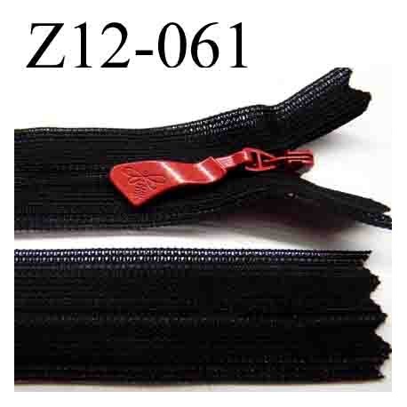 fermeture éclair invisible longueur 12 cm largeur 2 cm couleur noir curseur rouge non séparable glissière zip nylon