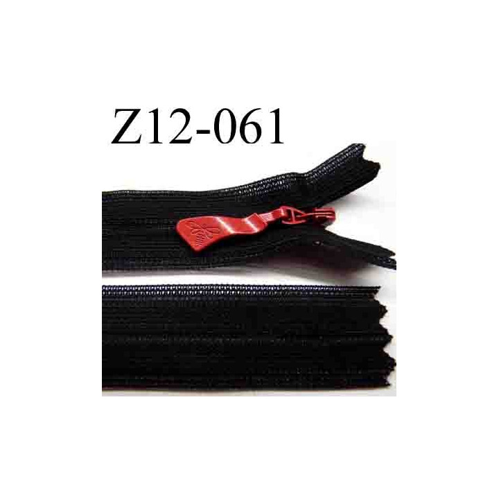 fermeture  éclair invisible longueur 12 cm largeur 2 cm couleur noir curseur rouge non séparable glissière zip nylon