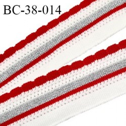 Bord-Côte 38 mm bord cote jersey maille synthétique couleur blanc rouge et argent largeur 3.8 cm longueur 110 cm prix à la pièce