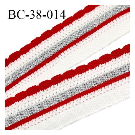 Bord-Côte 38 mm bord cote jersey maille synthétique couleur blanc rouge et argent largeur 3.8 cm longueur 110 cm prix à la pièce