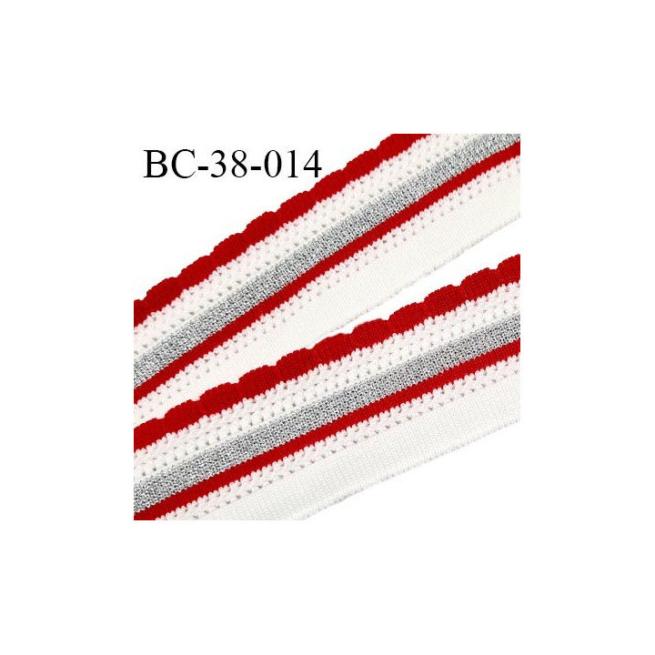 Bord-Côte 38 mm bord cote jersey maille synthétique couleur blanc rouge et argent largeur 3.8 cm longueur 110 cm prix à la pièce
