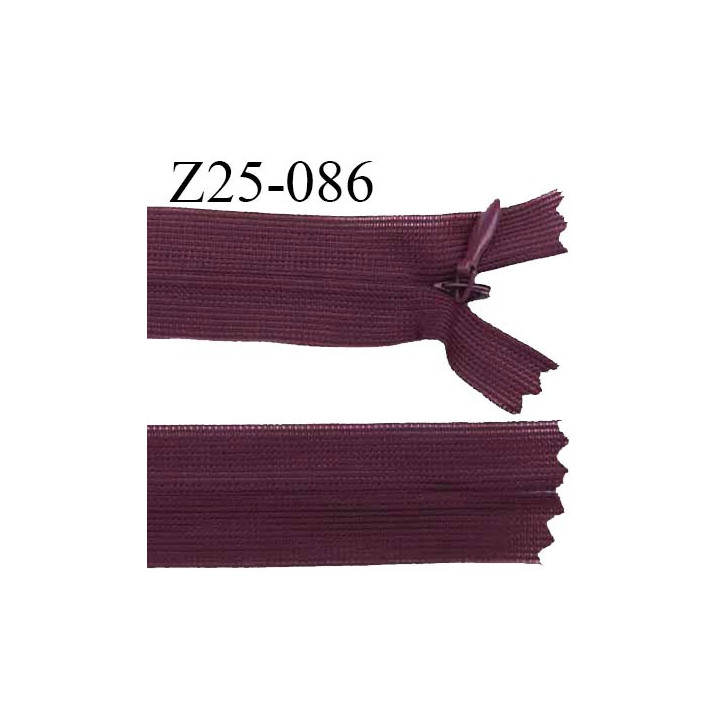 Fermeture zip 25 cm non séparable couleur bordeaux avec glissière nylon invisible prix à l'unité