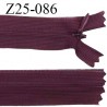 Fermeture zip 25 cm non séparable couleur bordeaux avec glissière nylon invisible prix à l'unité