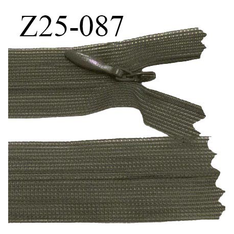 Fermeture zip 25 cm non séparable couleur kaki foncé avec glissière nylon invisible prix à l'unité
