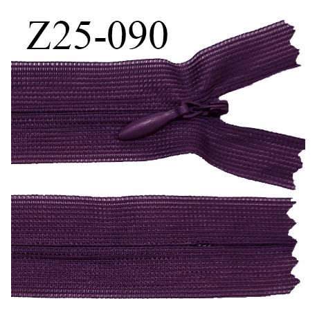 Fermeture zip 25 cm non séparable couleur prune avec glissière nylon invisible prix à l'unité