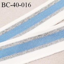 Bord-Côte 40 mm bord côte jersey maille synthétique couleur naturel bleu et argenté largeur 4 cm longueur 100 cm prix à la pièce