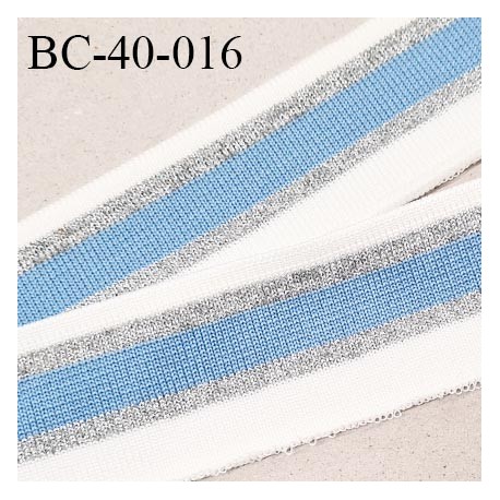 Bord-Côte 40 mm bord côte jersey maille synthétique couleur naturel bleu et argenté largeur 4 cm longueur 100 cm prix à la pièce