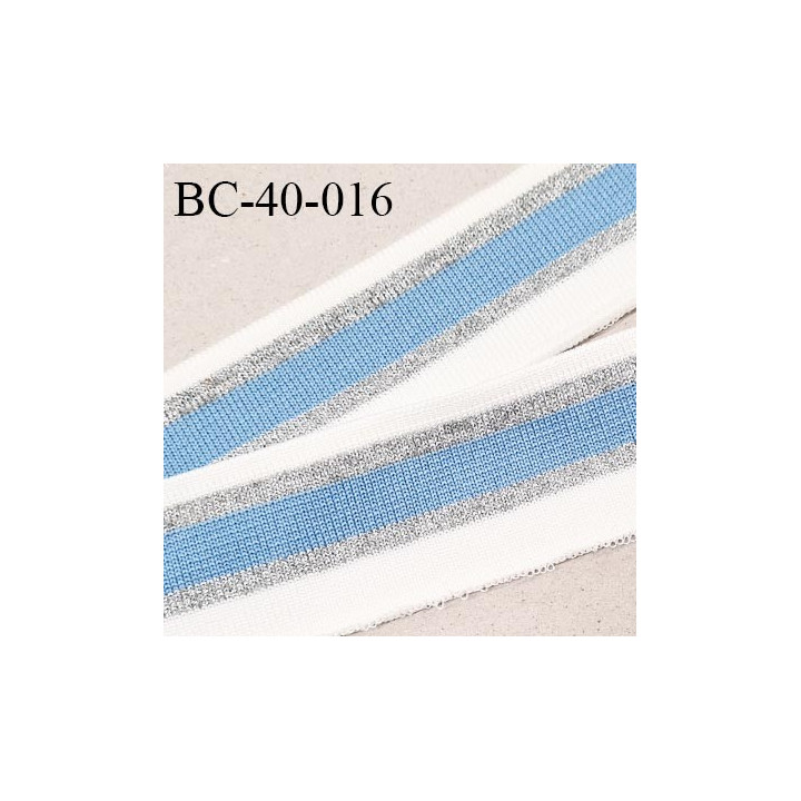 Bord-Côte 40 mm bord côte jersey maille synthétique couleur naturel bleu et argenté largeur 4 cm longueur 100 cm prix à la pièce