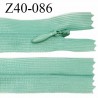 Fermeture zip 40 cm non séparable couleur vert opaline zip glissière nylon invisible prix à l'unité