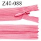 Fermeture zip 40 cm non séparable couleur rose zip glissière nylon invisible prix à l'unité