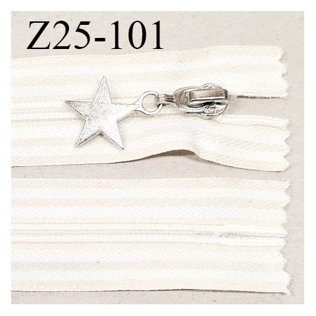 Fermeture zip à glissière longueur 25 cm couleur blanc et beige non séparable zip nylon curseur en métal avec une étoile