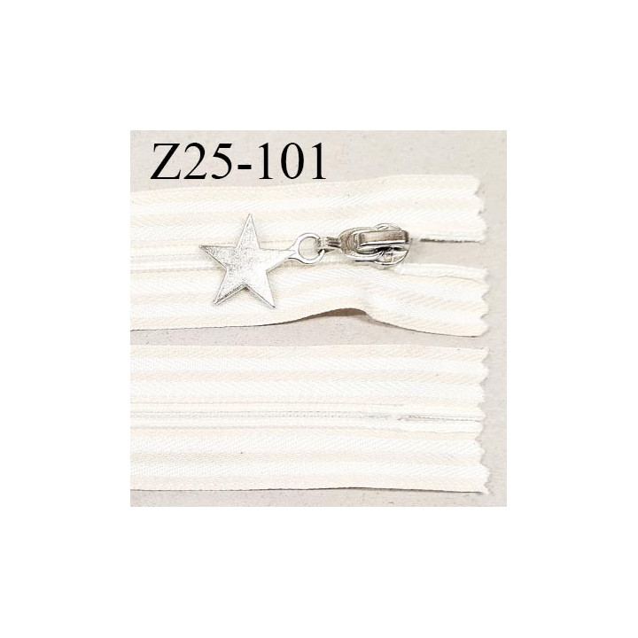 Fermeture zip à glissière longueur 25 cm couleur blanc et beige non séparable zip nylon curseur en métal avec une étoile