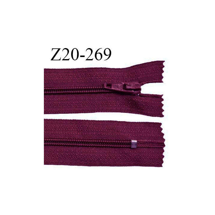 Fermeture zip 20 cm non séparable couleur bordeaux glissière nylon largeur 5 mm longueur 20 cm largeur 27 mm prix à l'unité