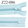 Fermeture zip 22 cm non séparable couleur bleu ciel avec glissière nylon invisible prix à l'unité