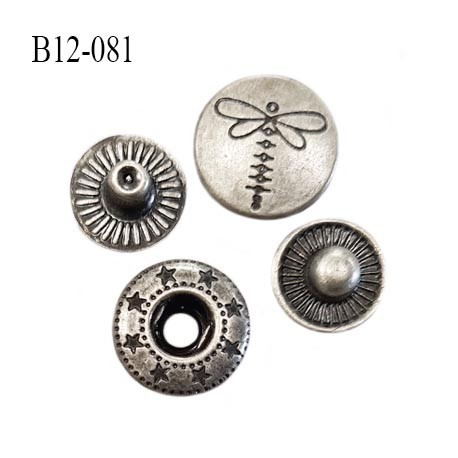 Bouton pression 12 mm métal couleur chrome vieilli avec motif libellule Brocéliande ensemble de 4 pièces par bouton