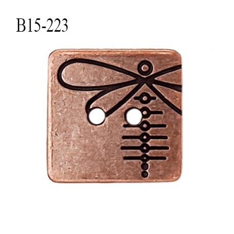 Bouton carré 15 mm couleur cuivre vieilli avec motif libellule Brocéliande 2 trous bouton plat prix à la pièce