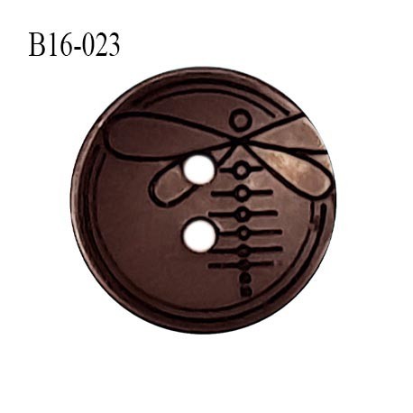 Bouton 16 mm en pvc couleur marron motif libellule Brocéliande 2 trous diamètre 16 mm épaisseur 2.5 mm prix à la pièce