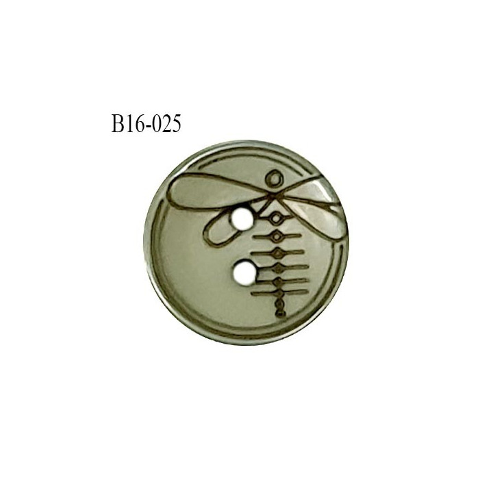 Bouton 16 mm en pvc couleur vert kaki motif libellule Brocéliande 2 trous diamètre 16 mm épaisseur 2.5 mm prix à la pièce