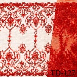 Tissu dentelle brodée 33 cm non extensible haut de gamme couleur rouge largeur 33 cm prix pour 1 mètre de longueur