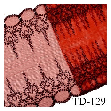 Tissu dentelle brodée 32 cm extensible haut de gamme couleur rouge avec broderies noires largeur 32 cm prix pour 1 mètre