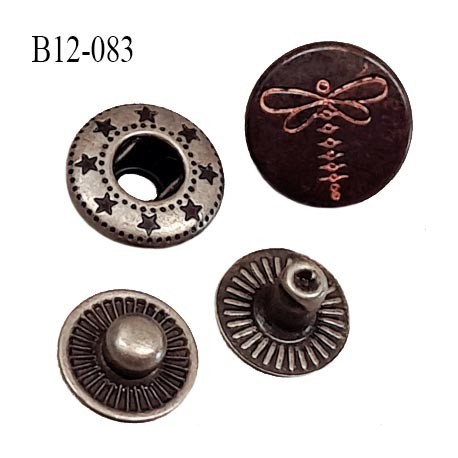 Bouton pression 12 mm métal couleur bronze noir vieilli avec motif libellule Brocéliande ensemble de 4 pièces par bouton