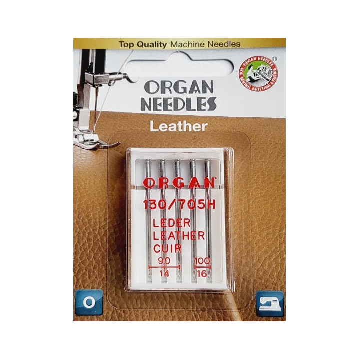 Aiguille Organ CUIR LEATHER 3 aiguilles en  n° 90 et 2 aiguilles et n° 100 la boite de 5 aiguilles