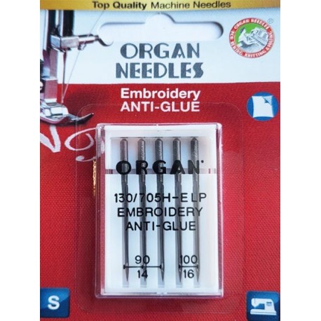 Aiguille Organ EMBROIDERY ANTI GLUE  aiguilles 3 en N° 90 et 2 en n° 100  la boite de 5 aiguilles