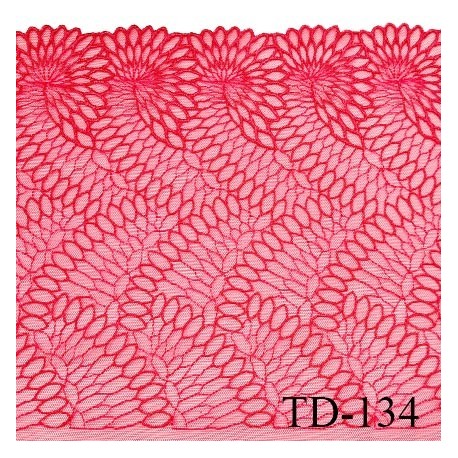 Tissu dentelle brodée 24 cm extensible haut de gamme couleur rose avec broderies largeur 24 cm prix pour 1 mètre de longueur